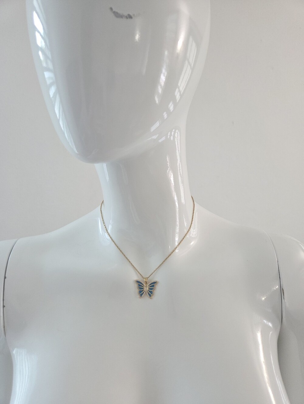 Gold Blue Enamel Butterfly Pendant Necklace Dainty Womens Jewelry - Picture 6 of 9